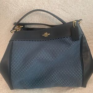 Coach Navy Jacquard & Leather Shoulder Bag